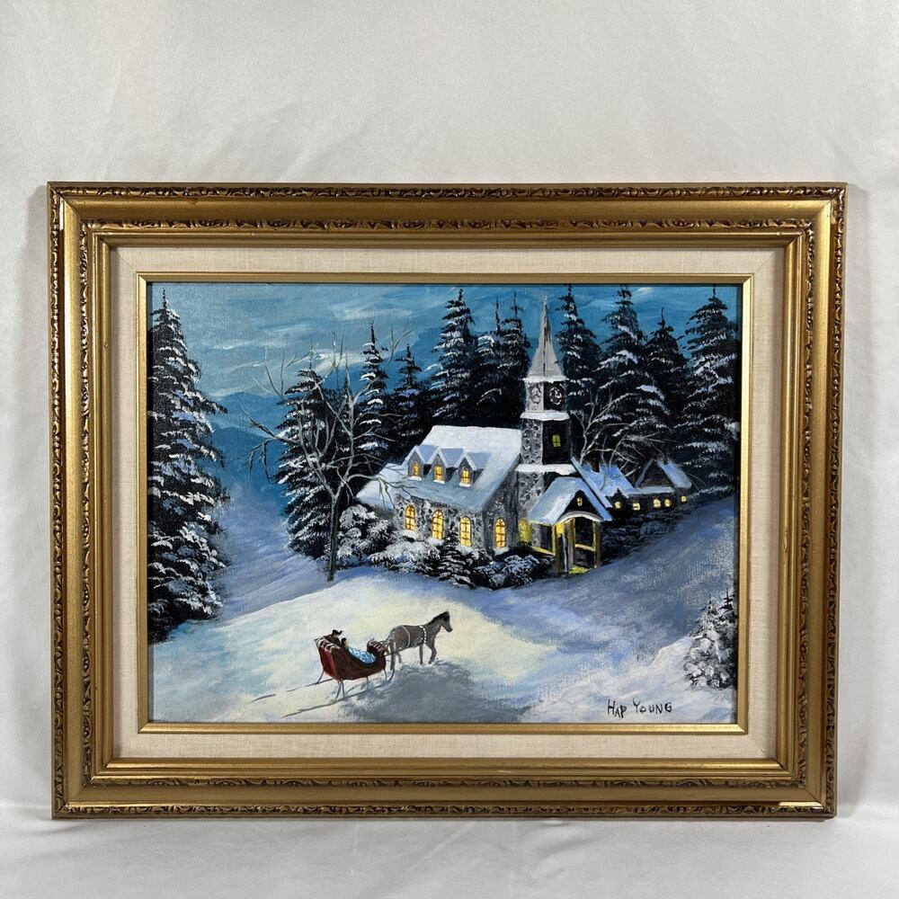 Vintage Christmas Winter Snow Horse Sleigh Painting Art Framed Gold Wood Frame